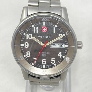Wenger Watch Men 39mm Silver Tone Day Date Military Swiss Made New Battery 7.75"